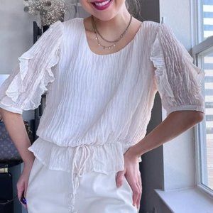 June & Hudson ivory crinkle cloth ruffle sleeve elastic waist top szL